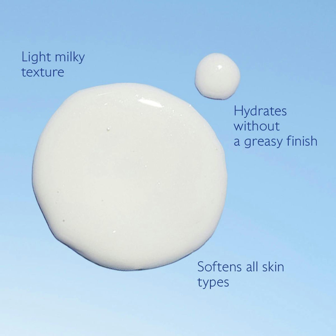 Two droplets of a light milky texture product on a blue background with text describing its properties.