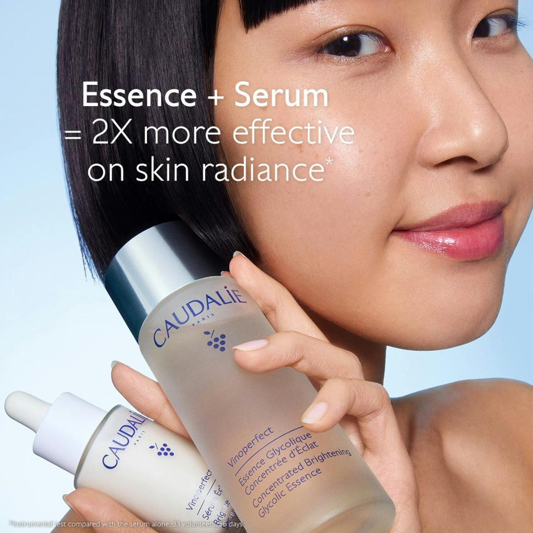Woman holding Caudalie skincare products with text about effectiveness on skin radiance.