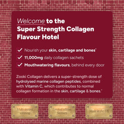 Promotional graphic for Zooki Collagen featuring a dark red text panel on a red brick background, with the headline 'Welcome to the Super Strength Collagen Flavour Hotel' and bullet points about skin, cartilage, bones, and daily collagen sachets. Three brass-style badges at the bottom read 'Multi-award winning,' 'Limited edition flavours,' and 'Made in the UK.