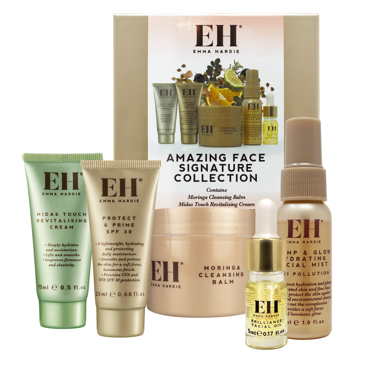 Collection of Emma Hardie skincare products with packaging on a white background