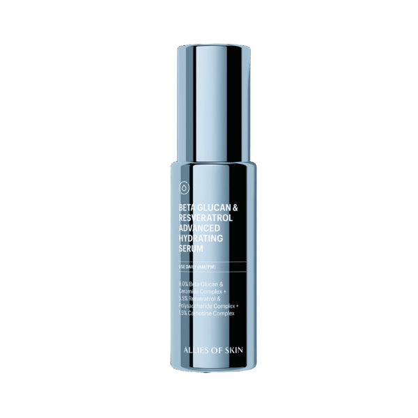 Skincare serum bottle with label on a solid background