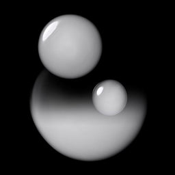 Two glossy white spherical objects floating against a solid black background, with soft reflections below them.