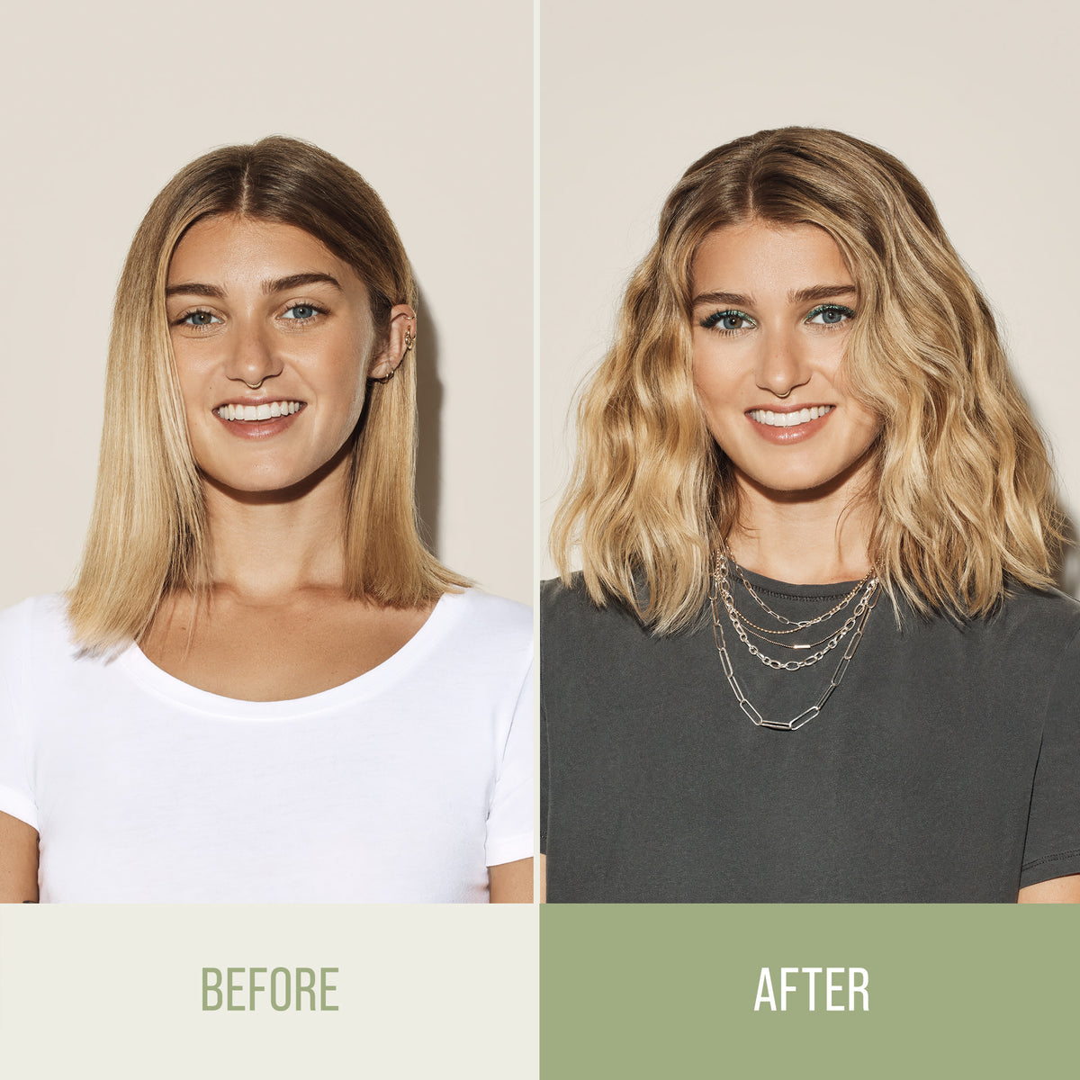 Before and after comparison of a woman with blonde hair, wearing a white shirt on the left and a gray shirt on the right.
