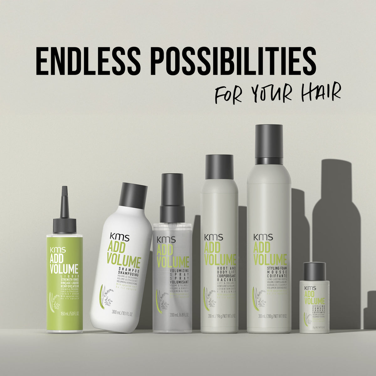 KMS Add Volume hair care products with 'Endless Possibilities for Your Hair' text on a light gray background