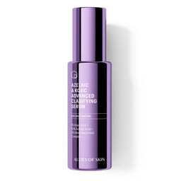 A bottle of Allies of Skin Azuric & Kojic Advanced Clarifying Serum in a metallic purple color, shown on a clean white background with a soft shadow.