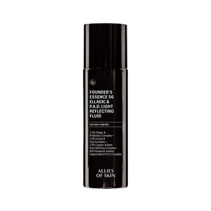 Black skincare bottle labeled 'Founders Essence 56' on a white background