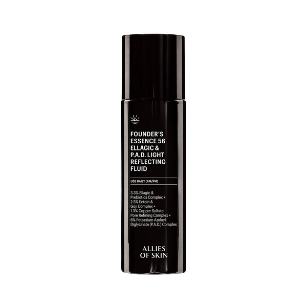 Black skincare bottle labeled 'Founders Essence 56' on a white background