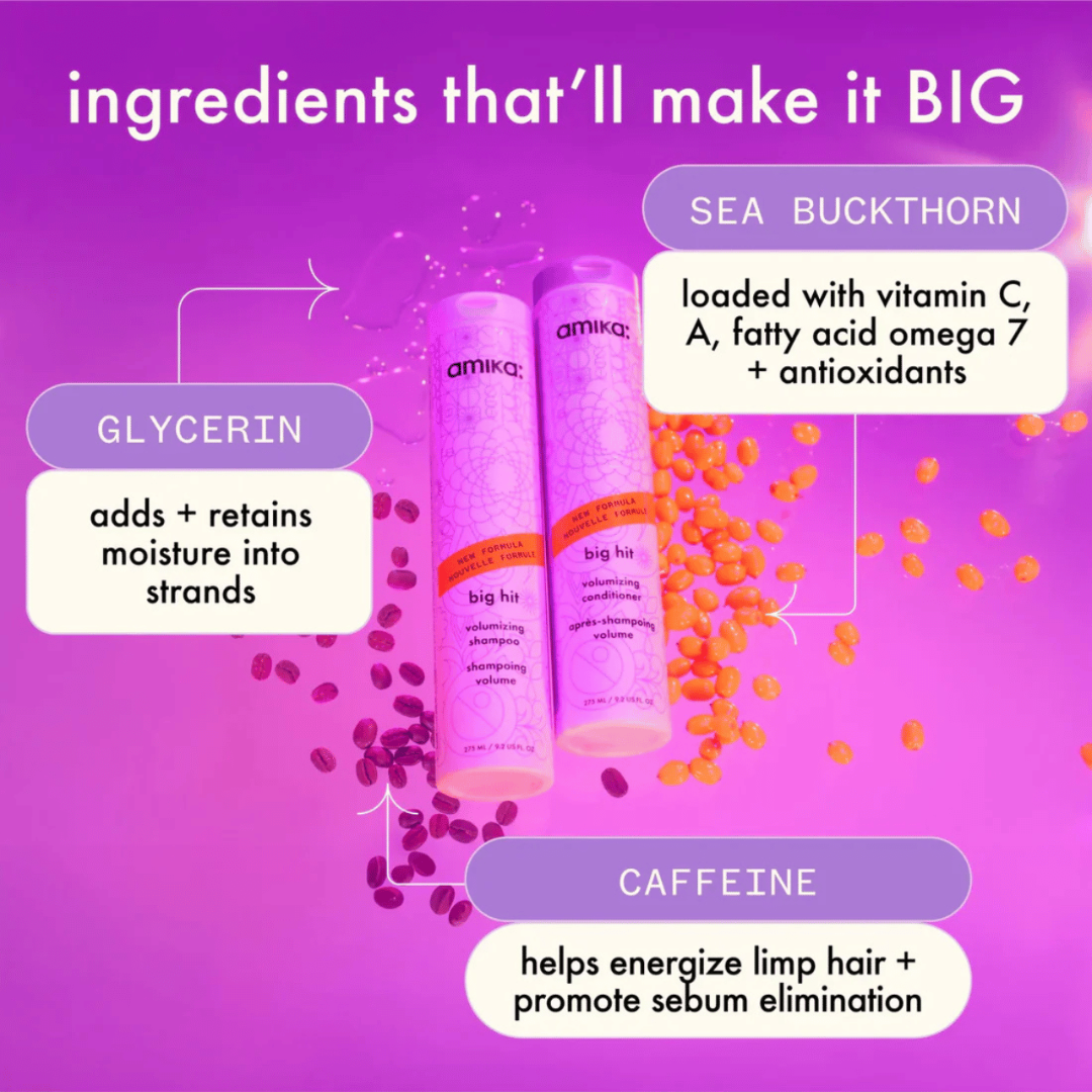 Amika shampoo bottles with ingredients listed on a purple background