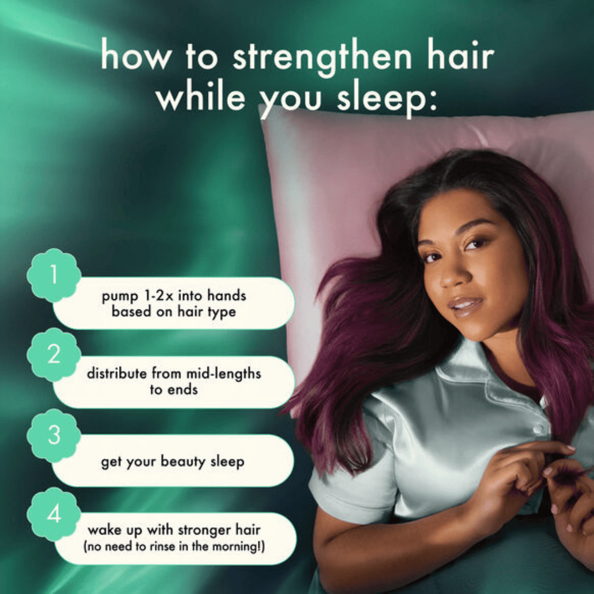 Woman with long hair lying on a pillow, with text on how to strengthen hair while sleeping.