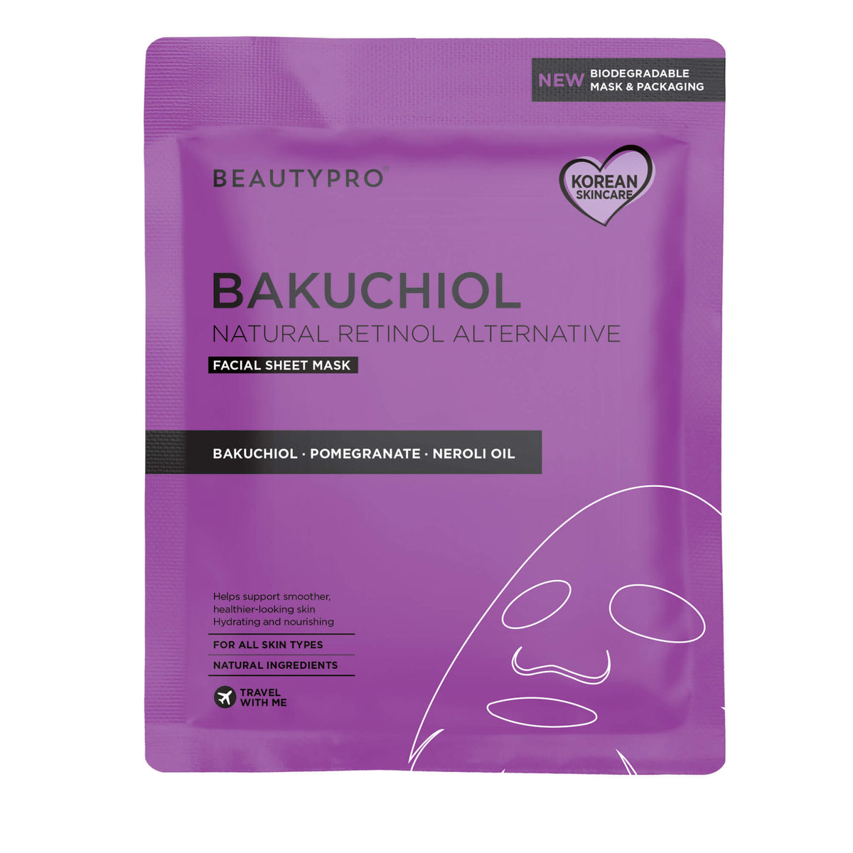 Purple facial sheet mask packaging with 'BeautyPro' branding on a white background