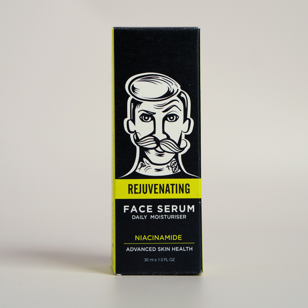 Box of Rejuvenating Face Serum with a stylized face illustration on a light gray background