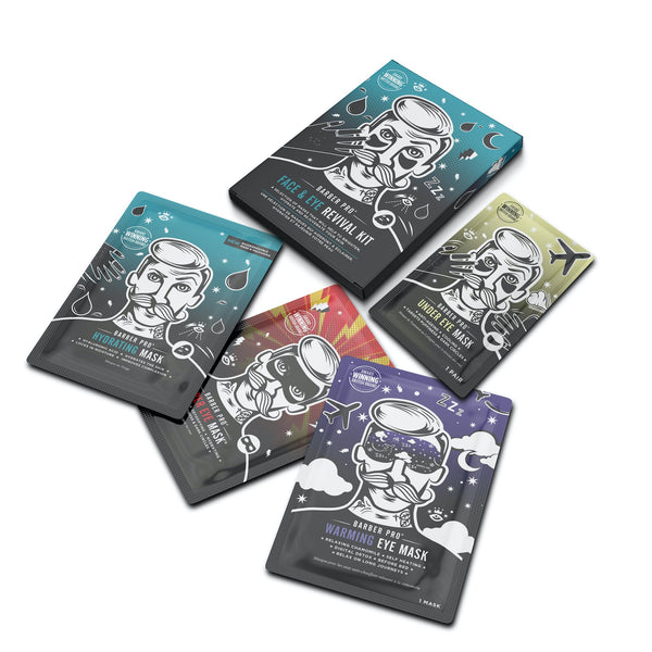 Set of six barber-themed eye mask packages on a white background