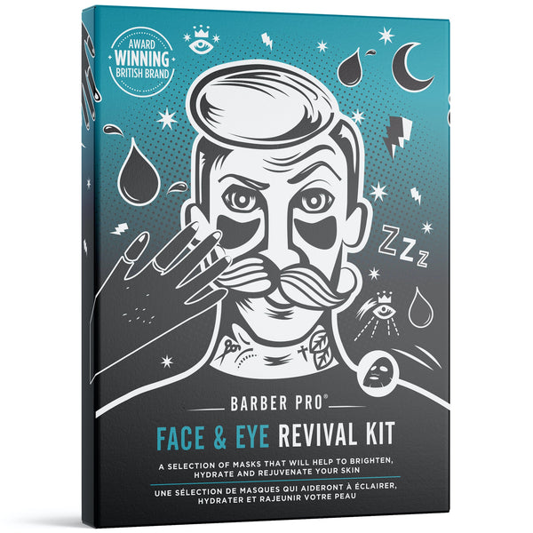 Barber Pro Face & Eye Revival Kit packaging with a stylized illustration of a man with a mustache and tattoos.