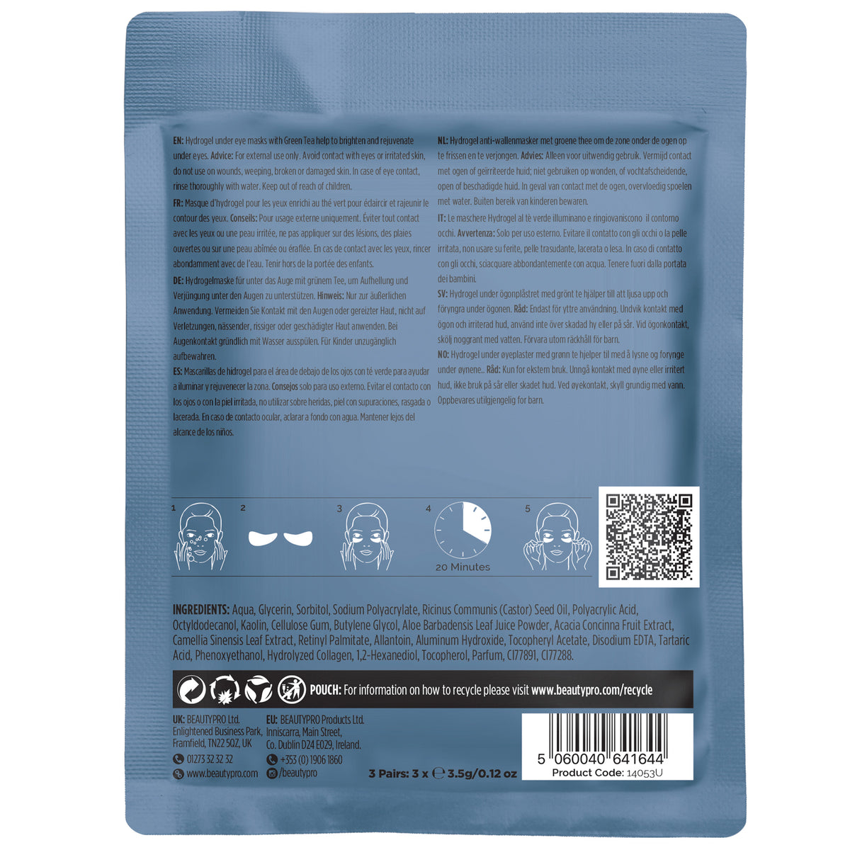 Back of a blue skincare product packaging with text, icons, and QR code.