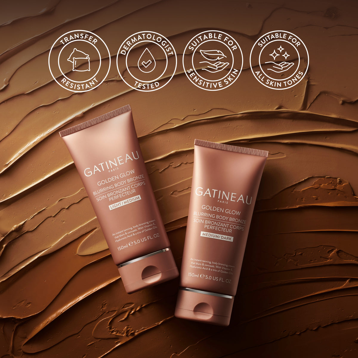 Two Gatineau Golden Glow products on a brown textured background with brand icons.
