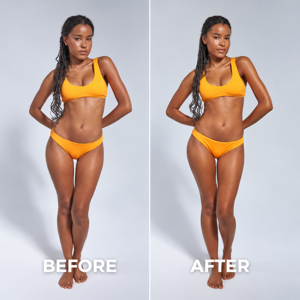A side-by-side before and after comparison of a woman modeling a bright yellow bikini against a light gray studio background. The left side is labeled BEFORE and shows a more modest pose; the right side is labeled AFTER and shows a more confident pose.
