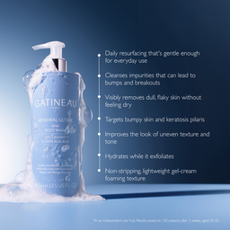 Gatineau Renew Ultimate AHA Body Wash in a light blue pump bottle, surrounded by white foam, with white text on the right detailing its skincare benefits against a dark blue gradient background.