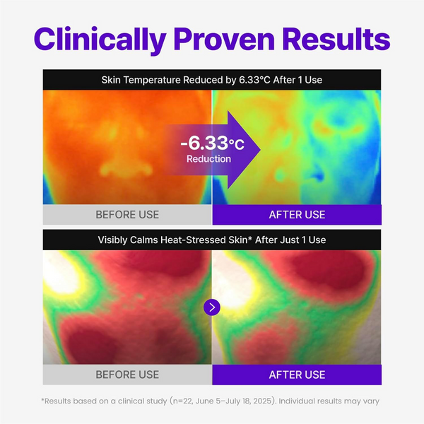 Before and after thermal imaging of skin temperature reduction with a clinical study result.