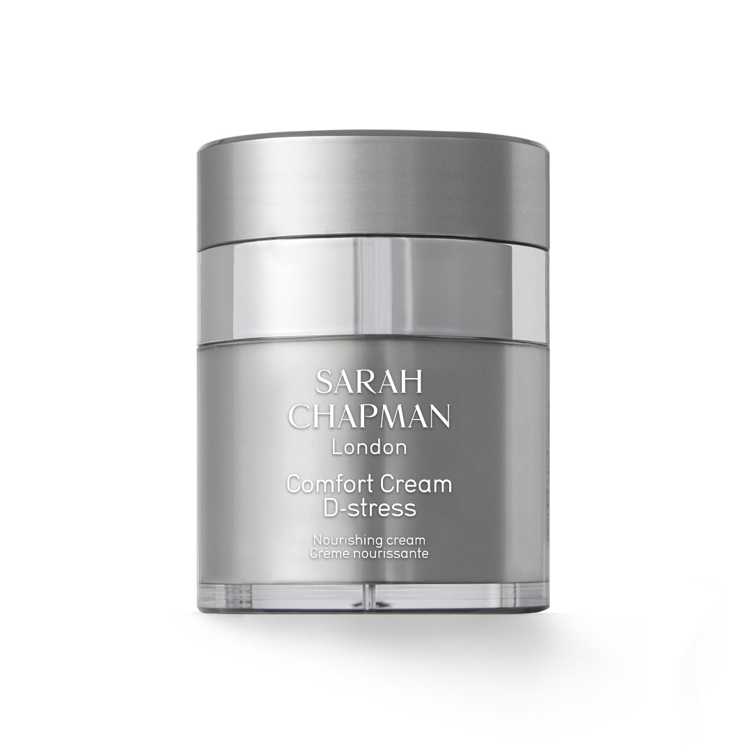 Silver jar of Sarah Chapman Comfort Cream D-Stress on a white background