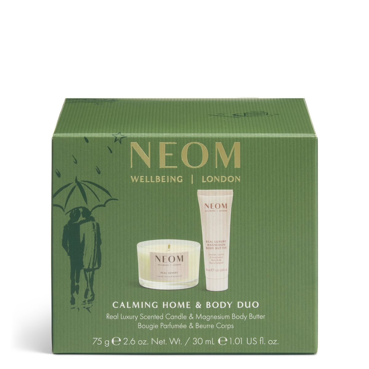 NEOM Wellbeing London Calming Home & Body Duo gift set in a textured olive green box, featuring a scented candle and a magnesium body butter tube.