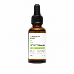 A 30 mL amber glass dropper bottle of Scaninavian Biolabs Protection Oil on a solid white background.