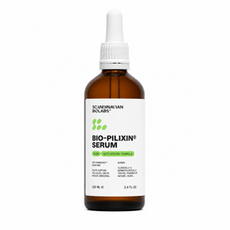 A 100 mL amber glass dropper bottle of Scandinavian Biolabs Bio-Pilixin Serum with a white label and white dropper cap, centered on a white background.