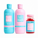 Three Hair Burst hair care products on a white background: a turquoise bottle of shampoo, a pink bottle of conditioner, and a pink-labeled bottle of chewable hair vitamins containing red tablets.