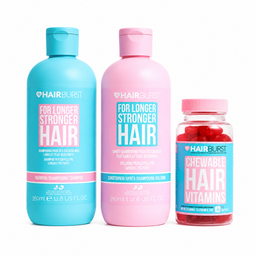 Three Hair Burst hair care products on a white background: a turquoise bottle of shampoo, a pink bottle of conditioner, and a pink-labeled bottle of chewable hair vitamins containing red tablets.