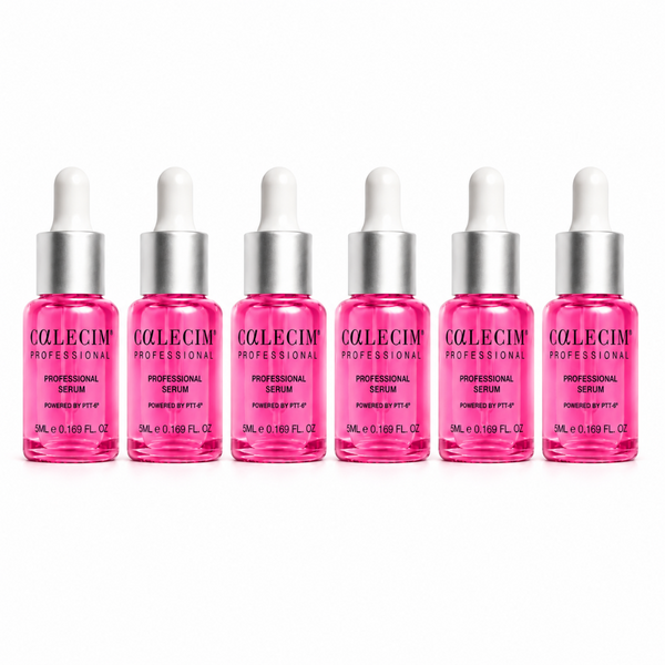 Six small COLECIM Professional Serum dropper bottles filled with bright pink liquid, arranged in a row on a white background.