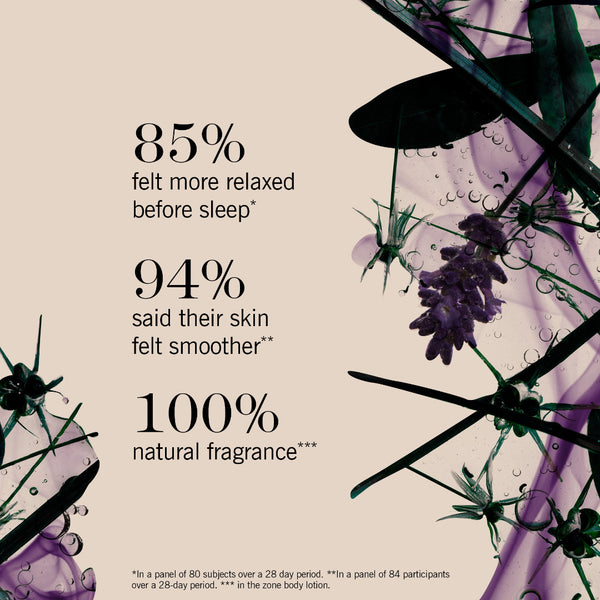 A beige promotional graphic with black text reading '85% felt more relaxed before sleep', '94% said their skin felt smoother', and '100% natural fragrance', decorated with purple flowers and dark green leaves with water droplets on the right side.