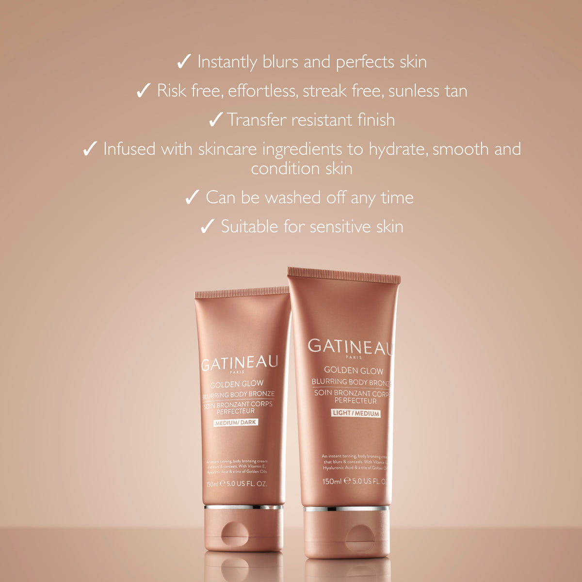 Two Gatineau skincare products on a beige background with text about product features.