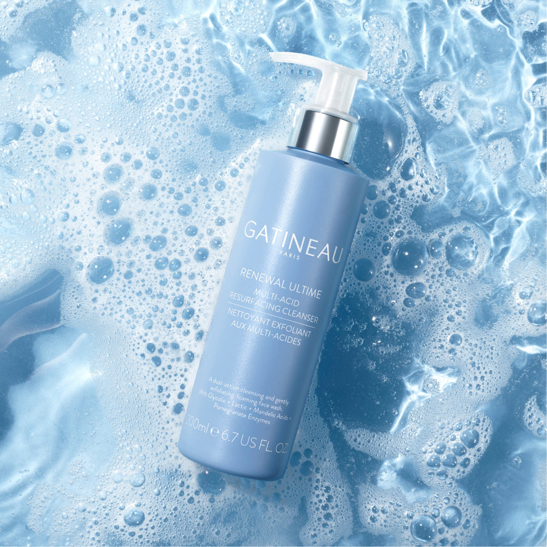 Gatineau skincare product on a blue bubbly background
