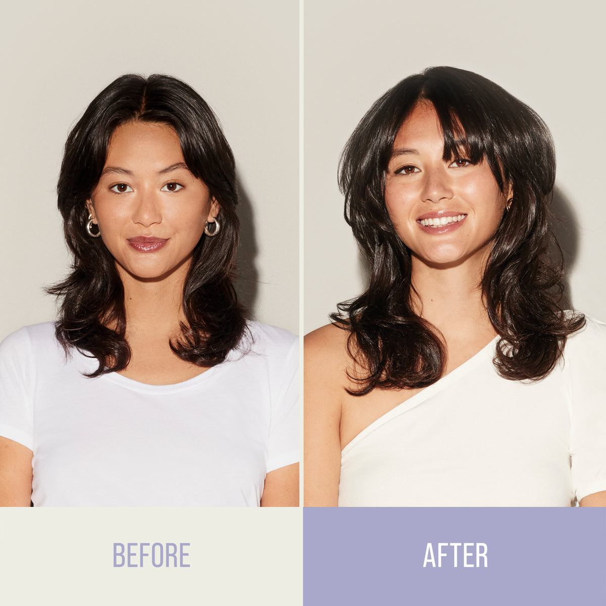 Before and after comparison of a woman with styled hair against a plain background