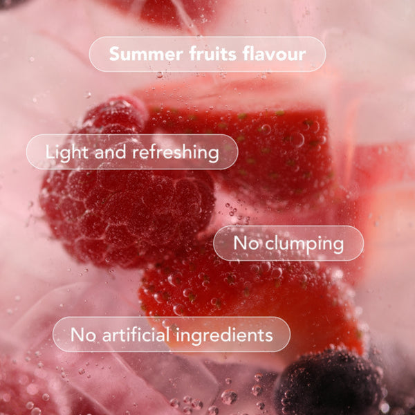 Strawberries and raspberries in a liquid with text highlighting summer fruits flavor, light refreshing nature, no clumping, and no artificial ingredients.