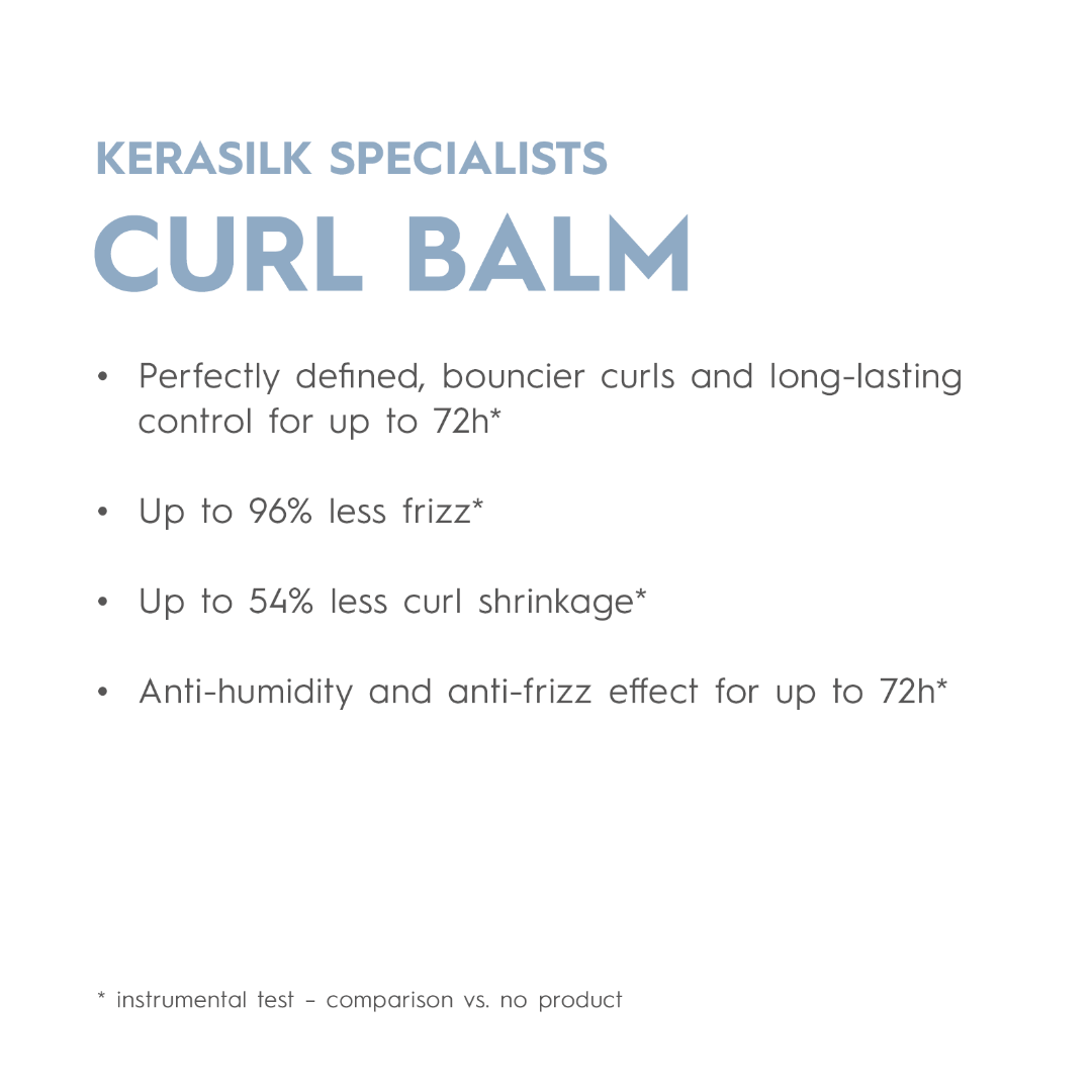Advertisement for Kerasilk Curl Balm with text highlighting benefits on a white background