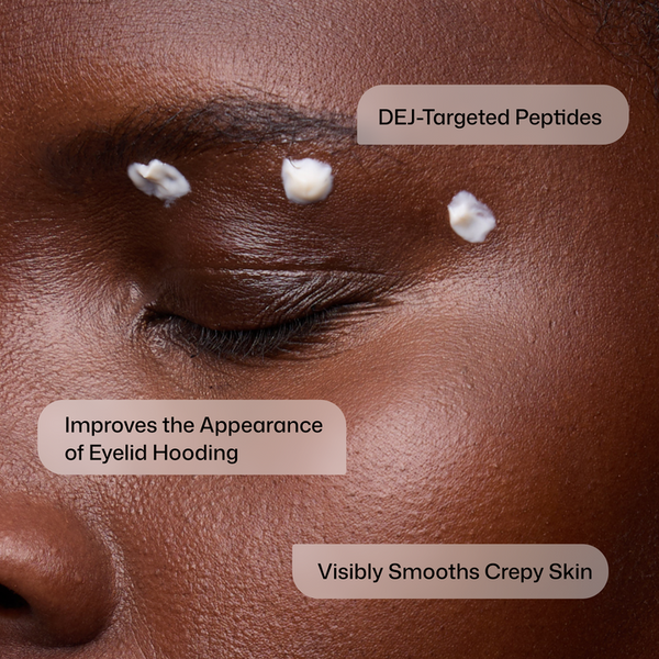 Close-up of a person's eye with DEJ-targeted peptides applied, labeled for their effects on eyelid hooding and skin texture.