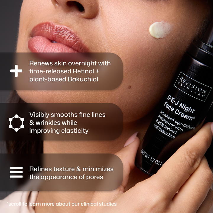 Close-up of a woman's face and neck with a dollop of cream on her cheek, alongside a black Revision Skincare D.E.