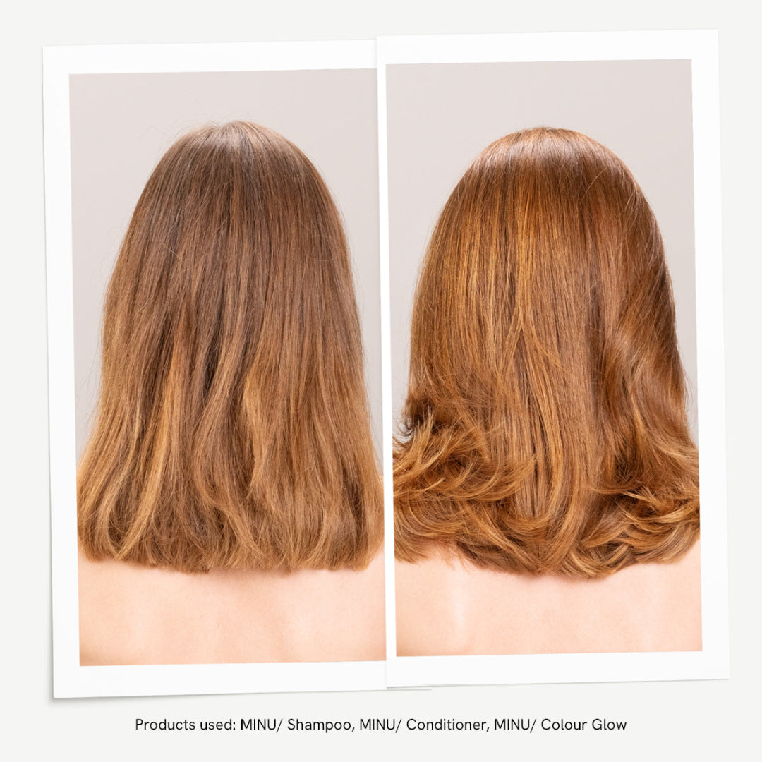 Before and after comparison of hair treatment with MINU products on a neutral background.