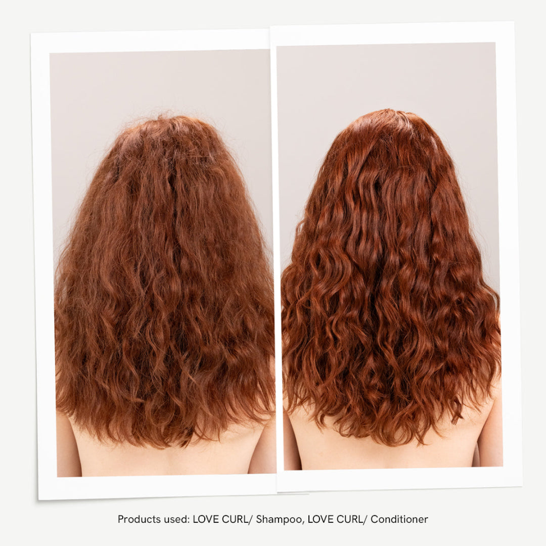 Before and after comparison of red hair with LOVE CURL products on a plain background