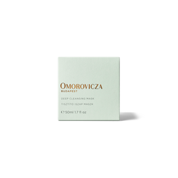 A square pale mint green box of Omorovicza Budapest Deep Cleansing Mask, featuring gold and gray text, centered on a white background with a soft shadow.