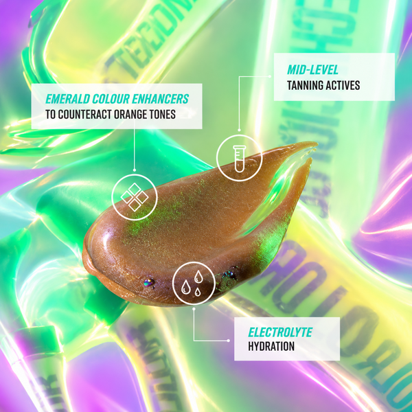 A glossy brown tanning balm or lip/tanning product centered over a neon, iridescent background with text callouts reading 'EMERALD COLOUR ENHancers TO COUNTERACT ORANGE TONES,' 'MID-LEVEL TANNING ACTIVES,' and 'ELECTROLYTE HYDRATION.'.
