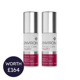 Two bottles of Environ Focus Care Youth+ Avance Moisturiser on a white background with a worth label.