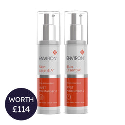 Two skincare bottles labeled 'Environ' on a white background with a price tag.