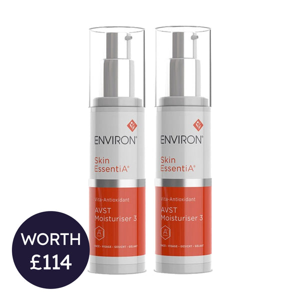 Two Environ Skin EssentiA AVST Moisturiser 3 bottles on a white background with a worth label.