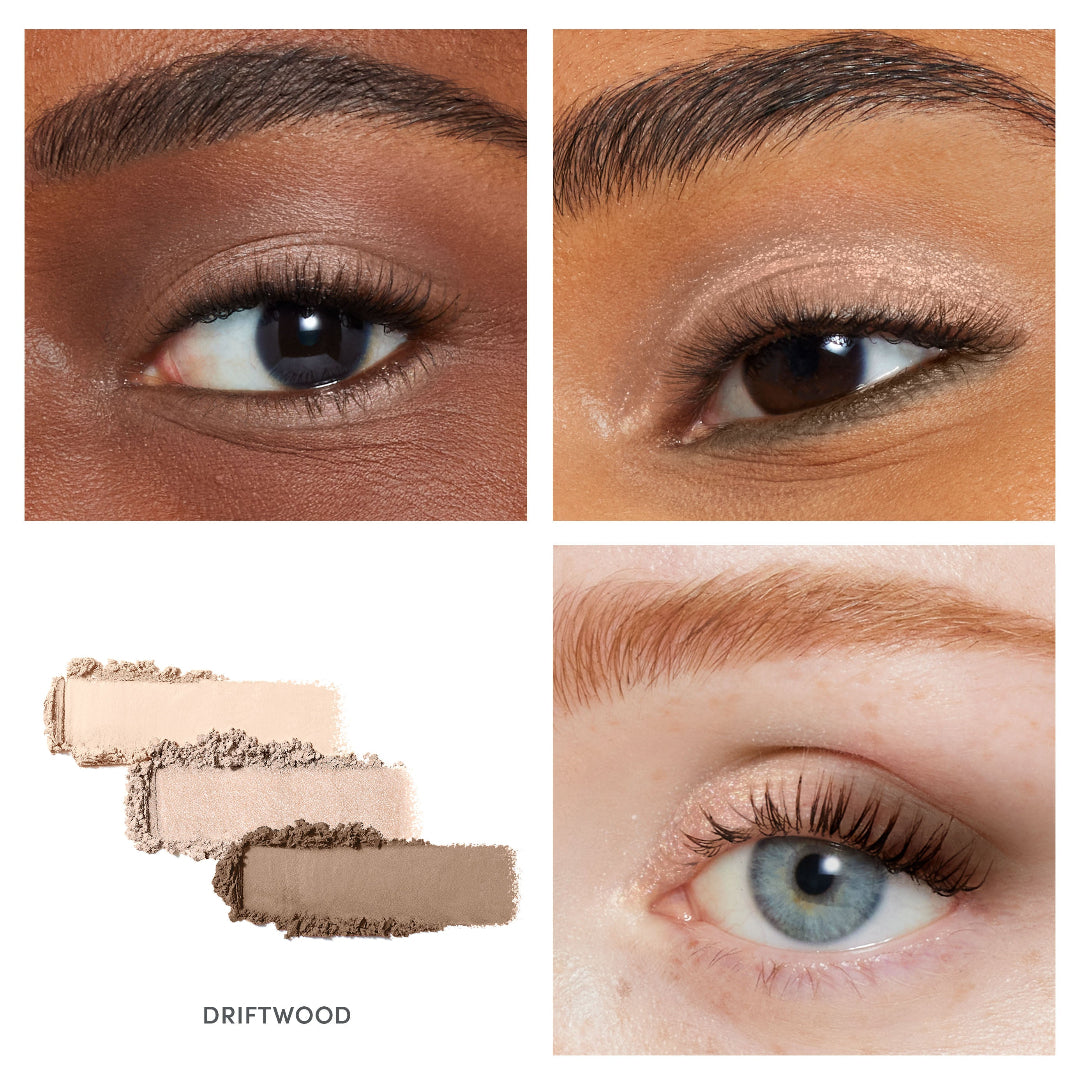 Collage of eye makeup application with close-ups of eyes and eyeshadow swatches labeled 'Driftwood'.