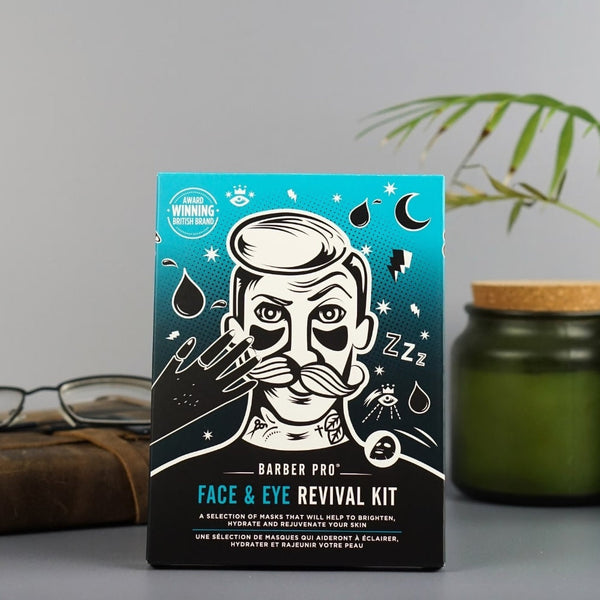 Barber Pro Face & Eye Revival Kit packaging with a stylized face illustration on a blue background.