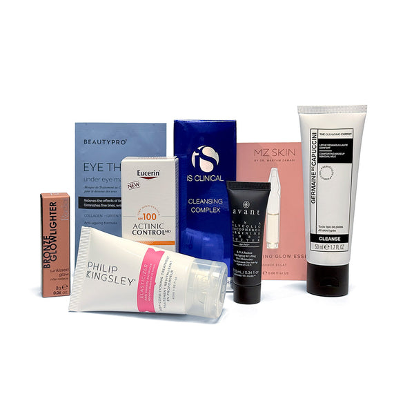 Collection of skincare products from various brands on a white background