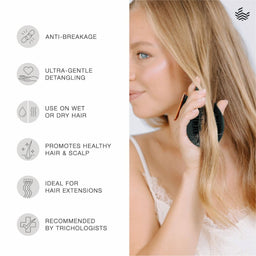A woman with long blonde hair detangles her hair on the right side of the image, while the left side features a list of product benefits with icons: Anti-Breakage, Ultra-Gentle Detangling, Use on Wet or Dry Hair, Promotes Healthy Hair & Scalp, Ideal for Hair Extensions, and Recommended by Trichologists.