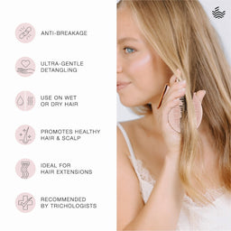 A blonde woman detangles her hair with a pink comb on the right side, while the left side lists product benefits including anti-breakage, ultra-gentle detangling, use on wet or dry hair, healthy hair and scalp promotion, ideal for hair extensions, and recommendation by trichologists.