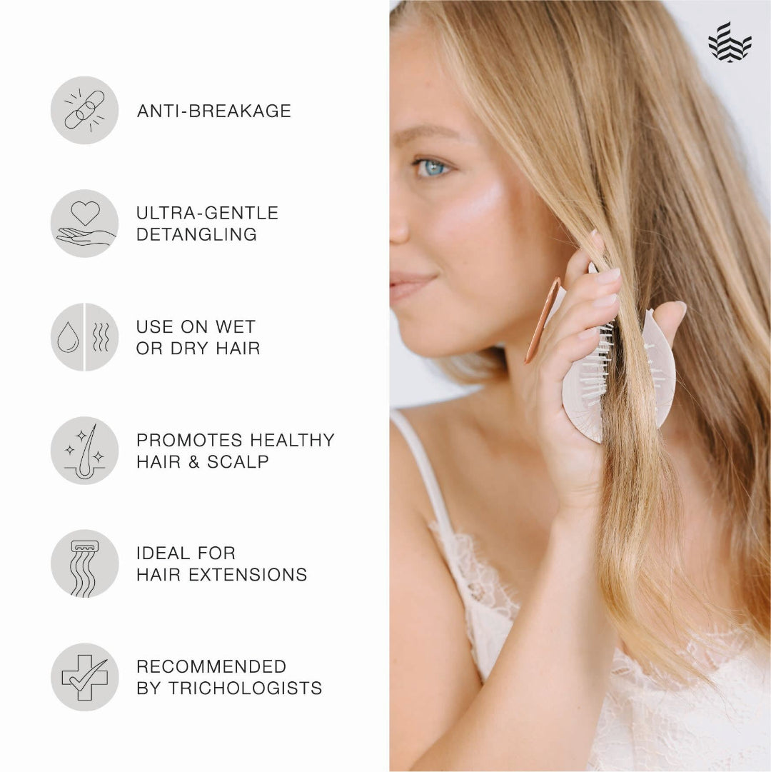 A woman with long blonde hair is shown on the right, holding a white detangling brush against her hair. The left side lists product benefits with icons: anti-breakage, ultra-gentle detangling, use on wet or dry hair, promotes healthy hair and scalp, ideal for hair extensions, and recommended by trichologists.